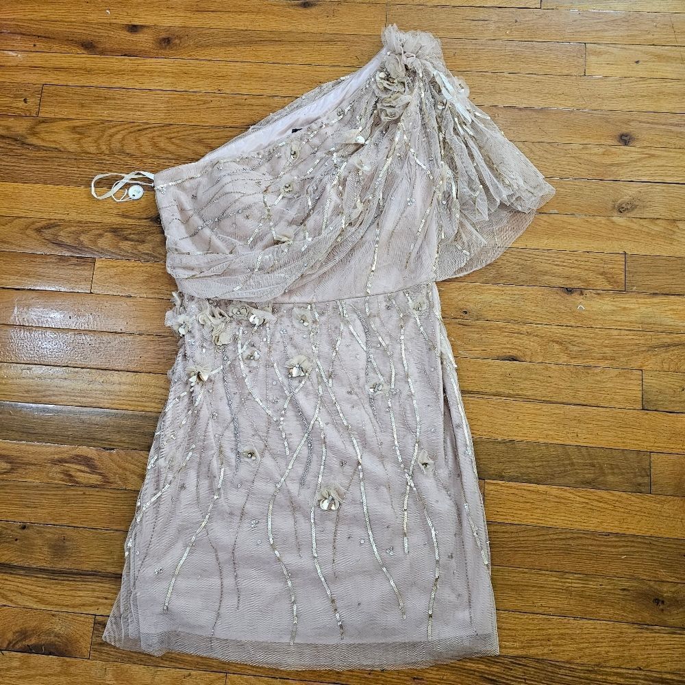 Pronovias Gold Tulle Sequin Mini Dress Size 14 - Picture 3 of 12